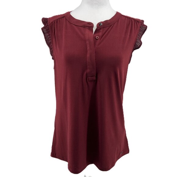 🍷Calvin Klein Burgundy Sleeveless Top  Size M  Ruffle Shoulder Detail  timeless - Picture 1 of 10